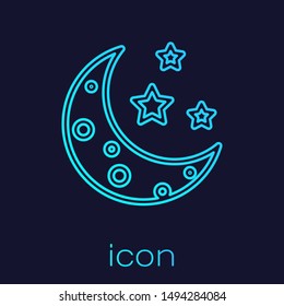 Turquoise line Moon and stars icon isolated on blue background.  Vector Illustration