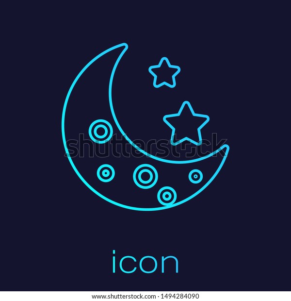 Turquoise line Moon and stars icon isolated\
on blue background.  Vector\
Illustration
