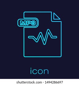 Turquoise line MP3 file document. Download mp3 button icon isolated on blue background. Mp3 music format sign. MP3 file symbol.  Vector Illustration