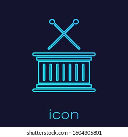 Turquoise line Musical instrument drum and drum sticks icon isolated on blue background.  Vector Illustration