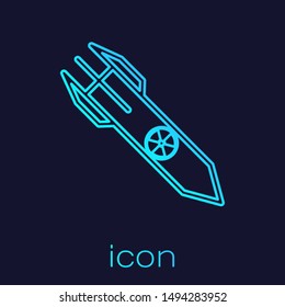 Turquoise line Nuclear rocket icon isolated on blue background. Rocket bomb flies down.  Vector Illustration