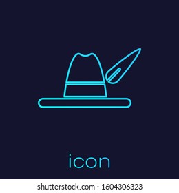 Turquoise line Oktoberfest hat icon isolated on blue background. Hunter hat with feather. German hat.  Vector Illustration