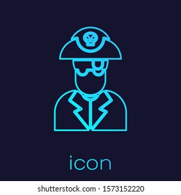 Turquoise line Pirate captain icon isolated on blue background.  Vector Illustration