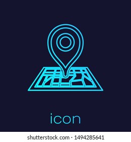 Turquoise line Placeholder on map paper in perspective icon isolated on blue background.  Vector Illustration