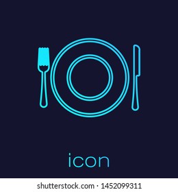 Turquoise line Plate, fork and knife icon isolated on blue background. Cutlery symbol. Restaurant sign.  Vector Illustration