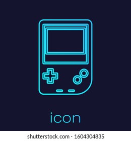 Turquoise line Portable video game console icon isolated on blue background. Gamepad sign. Gaming concept.  Vector Illustration