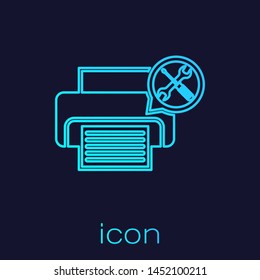 Turquoise line Printer with screwdriver and wrench icon isolated on blue background. Adjusting, service, setting, maintenance, repair, fixing.  Vector Illustration