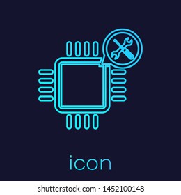 Turquoise line Processor with screwdriver and wrench icon isolated on blue background. Adjusting, service, setting, maintenance, repair, fixing.  Vector Illustration