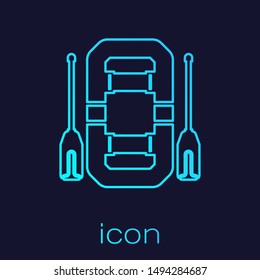 Turquoise line Rafting boat icon isolated on blue background. Inflatable boat with oars. Water sports, extreme sports, holiday, vacation, team building.  Vector Illustration