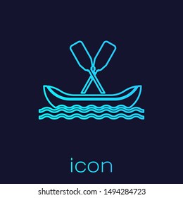 Turquoise line Rafting boat icon isolated on blue background. Kayak with paddles. Water sports, extreme sports, holiday, vacation, team building.  Vector Illustration