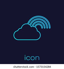 Turquoise line Rainbow with clouds icon isolated on blue background.  Vector Illustration