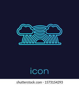 Turquoise line Rainbow with clouds icon isolated on blue background.  Vector Illustration