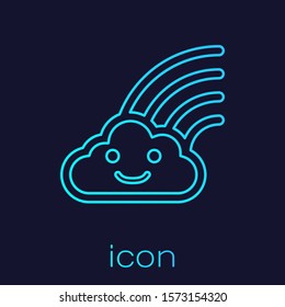 Turquoise line Rainbow with clouds icon isolated on blue background.  Vector Illustration
