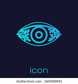 Turquoise line Reddish eye due to viral, bacterial or allergic conjunctivitis icon isolated on blue background.  Vector Illustration