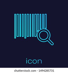 Turquoise line Search barcode icon isolated on blue background. Magnifying glass searching barcode. Barcode label sticker. Research barcode.  Vector Illustration