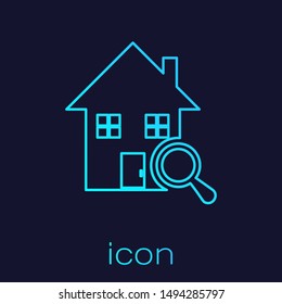 Turquoise line Search house icon isolated on blue background. Real estate symbol of a house under magnifying glass.  Vector Illustration