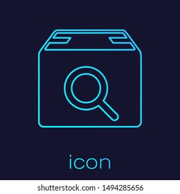 Turquoise line Search package icon isolated on blue background. Parcel tracking symbol. Magnifying glass and cardboard box. Logistic and delivery.  Vector Illustration