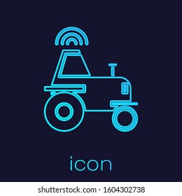 Turquoise line Self driving wireless tractor on a smart farm icon isolated on blue background. Smart agriculture implement element.  Vector Illustration