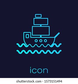 Turquoise line Ship icon isolated on blue background.  Vector Illustration