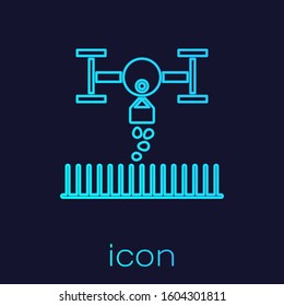 Turquoise line Smart farm with drone control for seed planting icon isolated on blue background. Innovation technology for agricultural company.  Vector Illustration