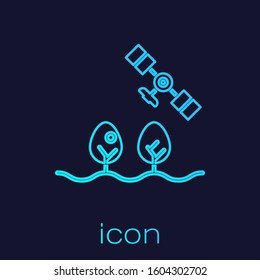 Turquoise line Smart farm with drone control and tree icon isolated on blue background. Innovation technology for agricultural company.  Vector Illustration