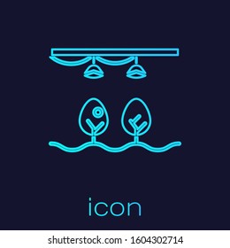 Turquoise line Smart farm with light bulb and plant symbol icon isolated on blue background.  Vector Illustration