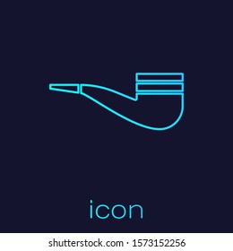 Turquoise line Smoking pipe with smoke icon isolated on blue background. Tobacco pipe.  Vector Illustration
