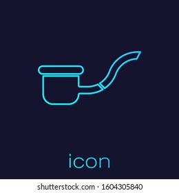 Turquoise line Smoking pipe with smoke icon isolated on blue background. Tobacco pipe.  Vector Illustration
