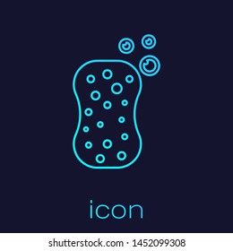 Turquoise line Sponge with bubbles icon isolated on blue background. Wisp of bast for washing dishes. Cleaning service logo.  Vector Illustration