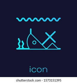 Turquoise line Sunken ship at the bottom of the sea icon isolated on blue background.  Vector Illustration
