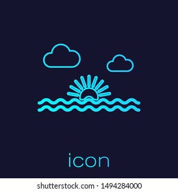 Turquoise line Sunset icon isolated on blue background.  Vector Illustration