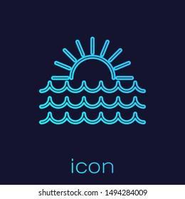 Turquoise line Sunset icon isolated on blue background.  Vector Illustration