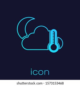 Turquoise line Thermometer and cloud with moon icon isolated on blue background.  Vector Illustration
