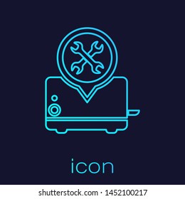 Turquoise line Toaster with screwdriver and wrench icon isolated on blue background. Adjusting, service, setting, maintenance, repair, fixing.  Vector Illustration