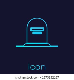 Turquoise line Tombstone with RIP written on it icon isolated on blue background. Grave icon.  Vector Illustration