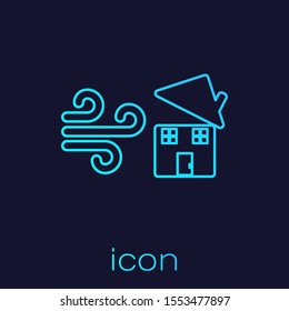 Turquoise line Tornado swirl damages house roof icon isolated on blue background. Cyclone, whirlwind, storm funnel, hurricane wind icon.  Vector Illustration