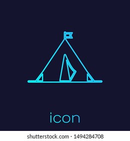 Turquoise line Tourist tent with flag icon isolated on blue background. Camping symbol.  Vector Illustration
