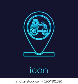 Turquoise line Tractor and location icon isolated on blue background.  Vector Illustration