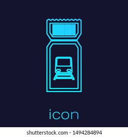 Turquoise line Train ticket icon isolated on blue background. Travel by railway.  Vector Illustration