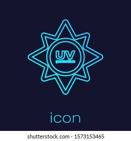 Turquoise line UV protection icon isolated on blue background. Ultra violet rays radiation. SPF sun sign.  Vector Illustration