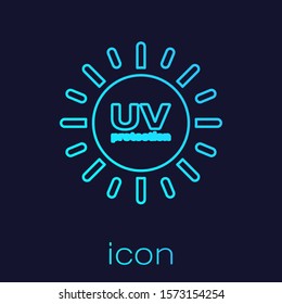 Turquoise line UV protection icon isolated on blue background. Ultra violet rays radiation. SPF sun sign.  Vector Illustration