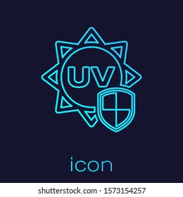 Turquoise line UV protection icon isolated on blue background. Sun and shield. Ultra violet rays radiation. SPF sun sign.  Vector Illustration