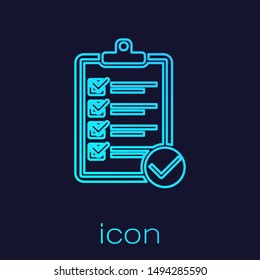 Turquoise line Verification of delivery list clipboard and pen icon isolated on blue background.  Vector Illustration