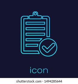 Turquoise line Verification of delivery list clipboard and pen icon isolated on blue background.  Vector Illustration