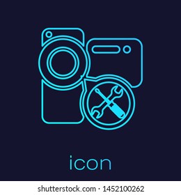 Turquoise line Video camera with screwdriver and wrench icon isolated on blue background. Adjusting, service, setting, maintenance, repair, fixing.  Vector Illustration
