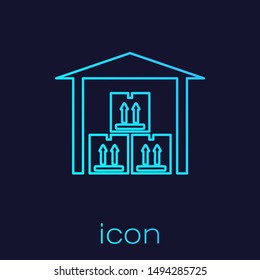 Turquoise line Warehouse icon isolated on blue background.  Vector Illustration