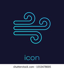Turquoise line Wind icon isolated on blue background. Windy weather.  Vector Illustration