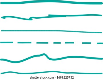 Turquoise  lines hand drawn vector set isolated on white background. Collection of doodle lines, hand drawn template. Turquoise marker and grunge brush stroke lines, vector illustration
