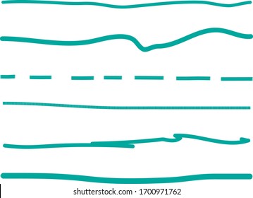 Turquoise  lines hand drawn vector set isolated on white background. Collection of doodle lines, hand drawn template. Turquoise marker and grunge brush stroke lines, vector illustration