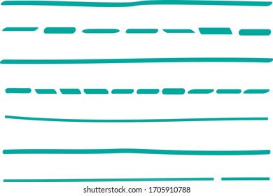 Turquoise lines hand drawn vector set isolated on white background. Collection of doodle lines, hand drawn template. Turquoise marker and grunge brush stroke lines, vector illustration